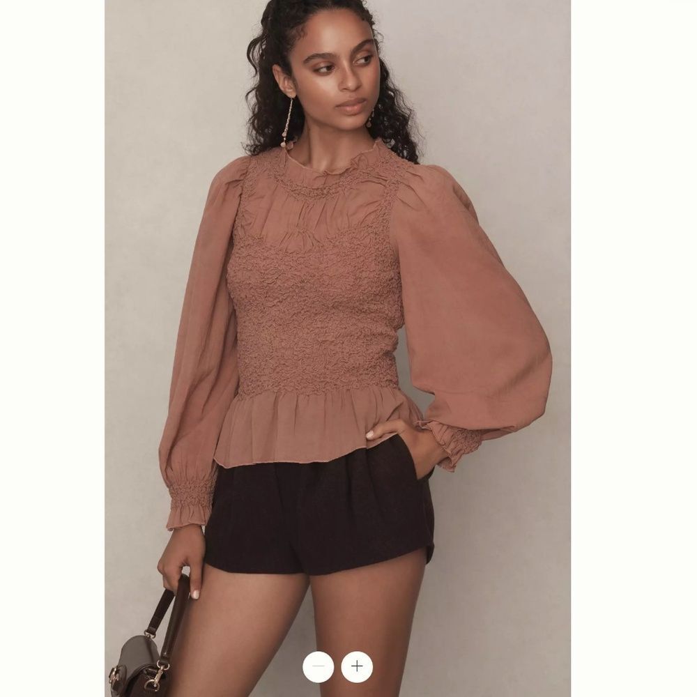 By Anthropologie Balloon-Sleeve Smocked Peplum Blouse